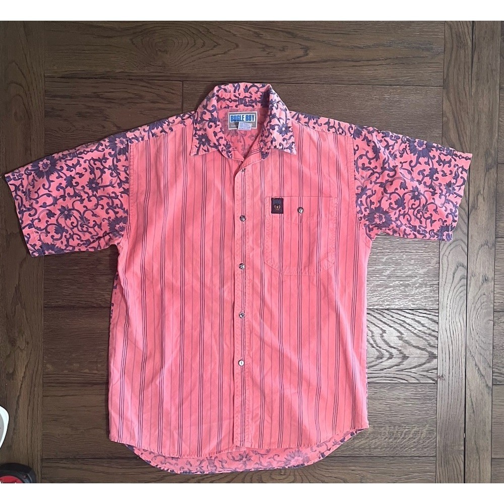 Vintage Bugle Boy Purple Striped Button Up Shirt Short Sleeve Youth XL 90s